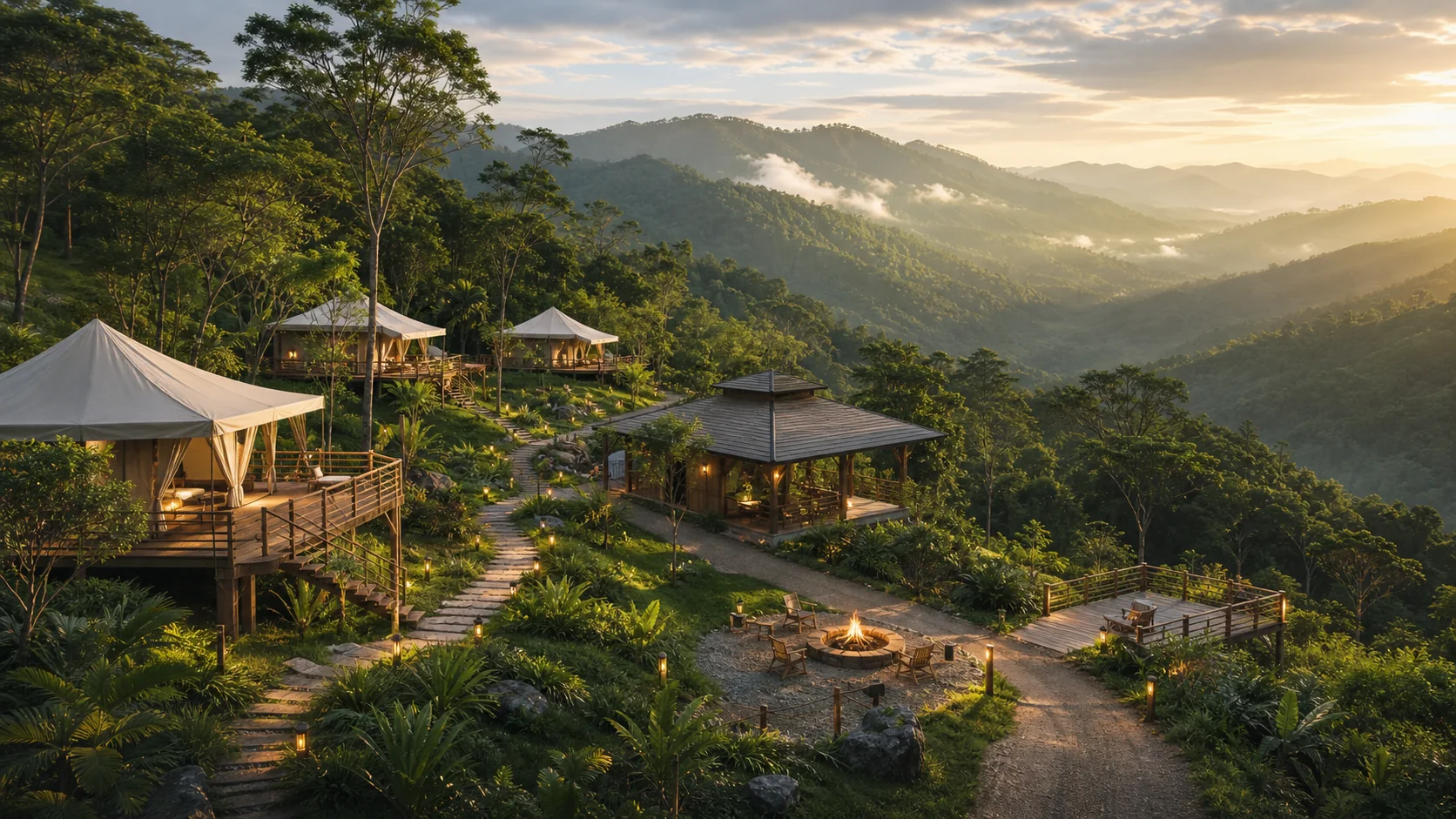 Concept render of elevated glamping decks and a basecamp pavilion on a tropical upland slope