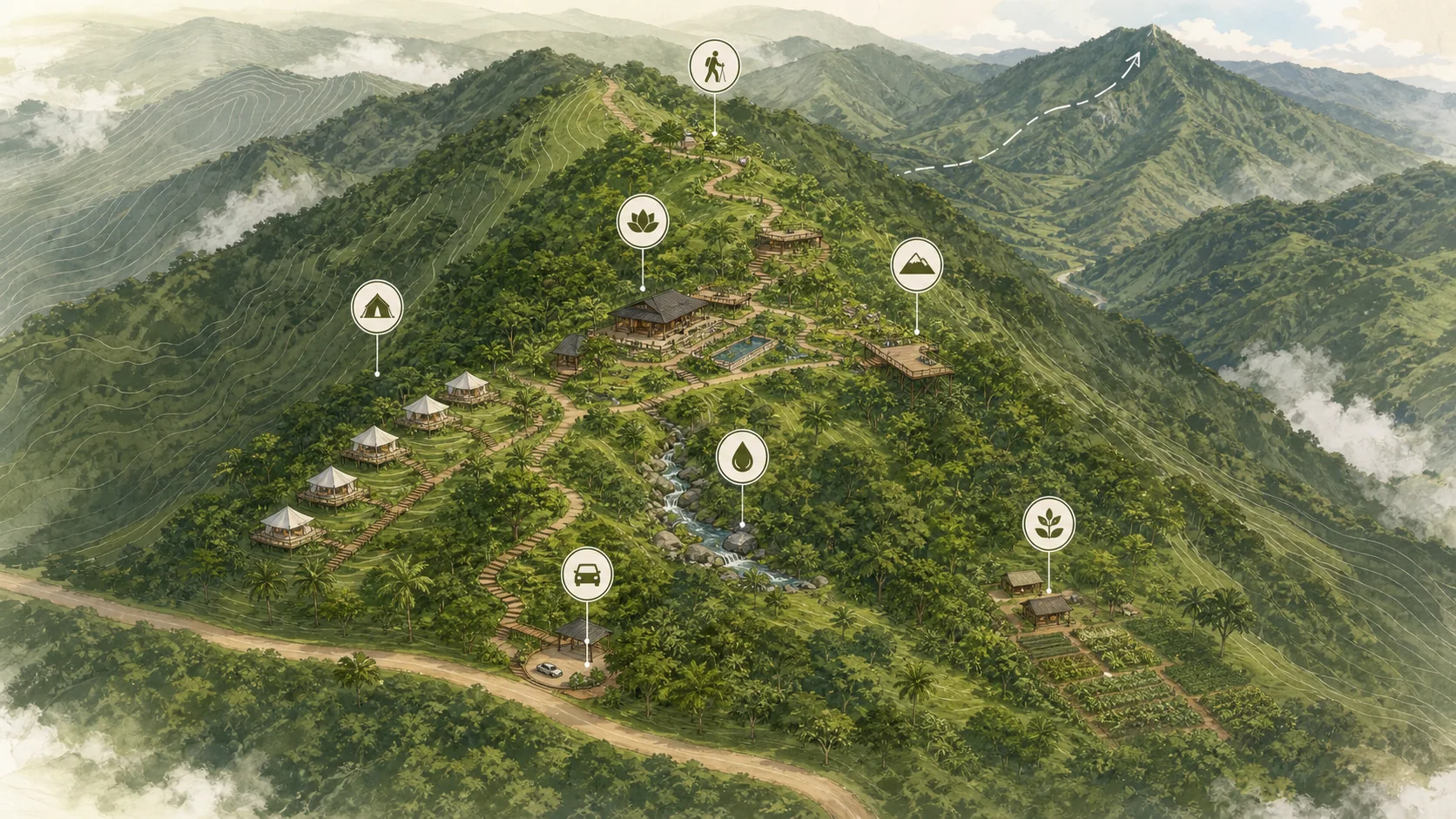 Conceptual illustrated development map showing upland terrain, road access, spring, lodging zones, garden areas, and trail gateway