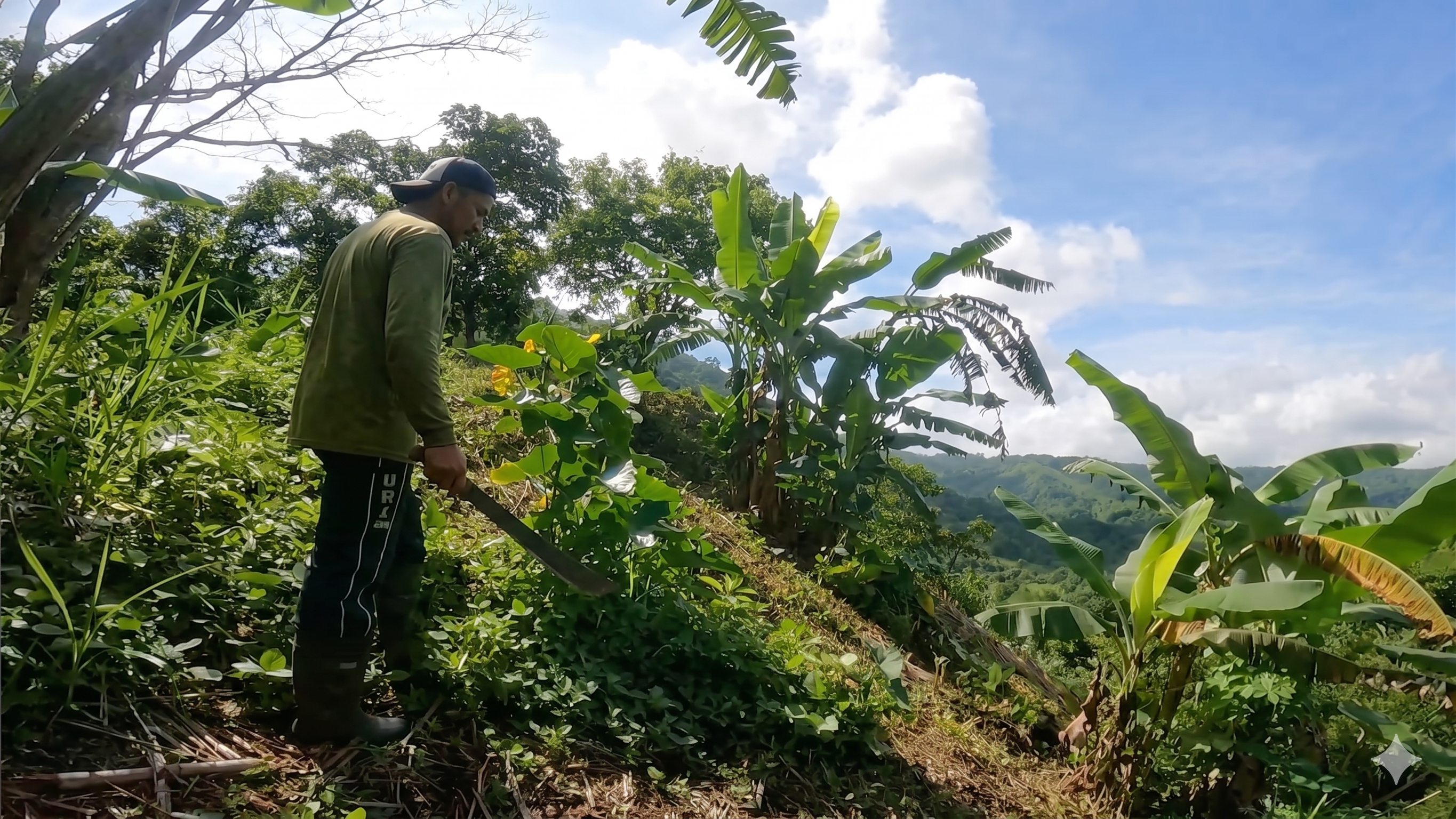 Caretaker working on the mountain property under a blue sky